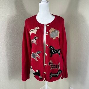 Northern Isles Cardigan Sweater Women Large Red Dog Novelty Vintage Grandmacore
